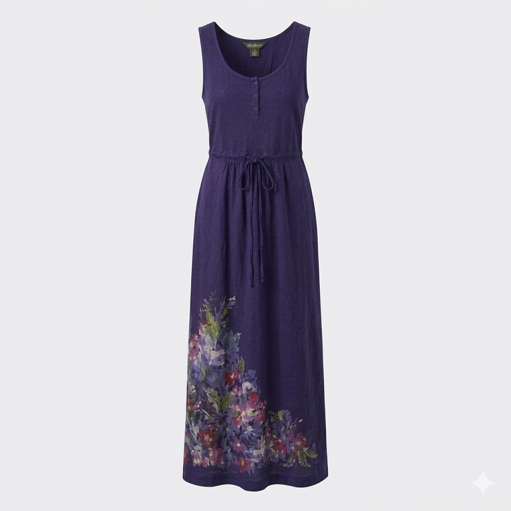 100% Cotton Purple Floral Sleeveless Maxi Dress | Eddie Bauer | Size Small